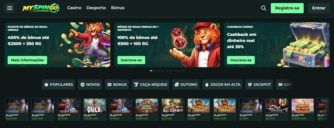 Página principal do casino MySpingo em Portugal